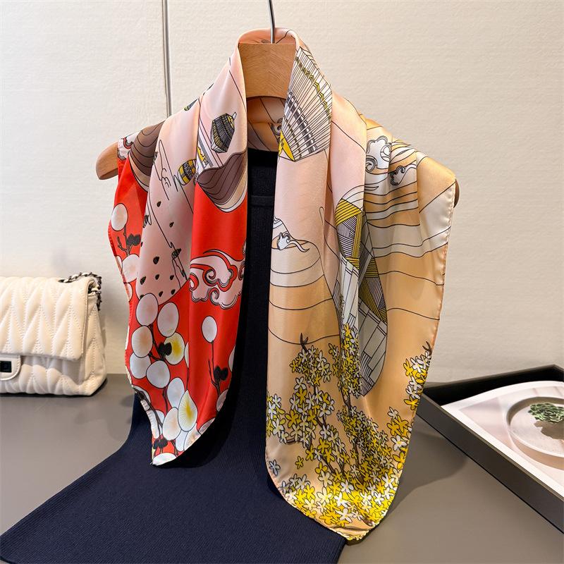 Hot Air Balloon Print Square Silk Scarf Soft Satin Lightweight Bandana for Women Vacation Neck Scarves Hairband Bag Accessory