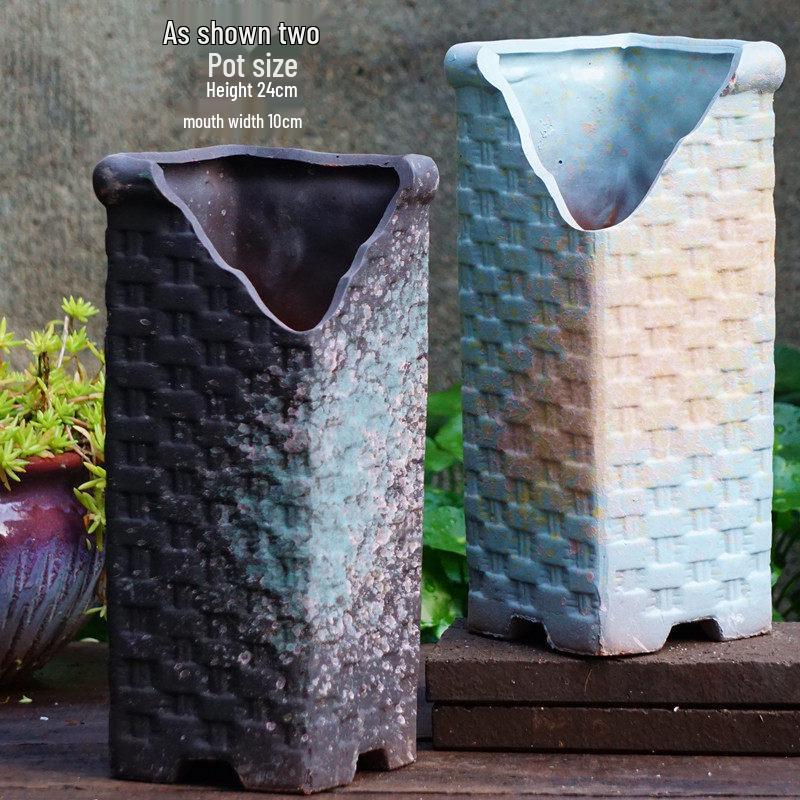 Yixing Handmade Square Mouth Coarse Pottery Planter - Large Succulent Flower Pot with Old Branch Design and Jade Pendant.