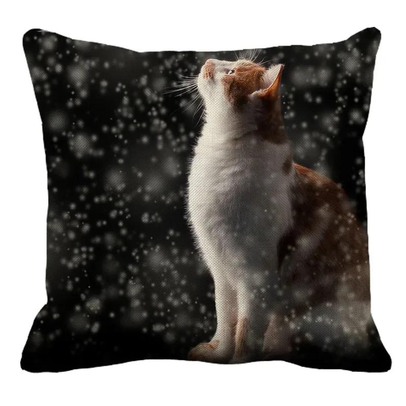Animal Theme Cat Print Linen Decorative Throw Pillowcase Home Decor Animal Kitty Pillowcase Cushion Cover 45X45Cm