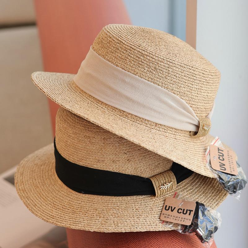 Lafite grass~ French textured webbing flat-top straw hat women's beach vacation sun protection versatile top hat spring and summer
