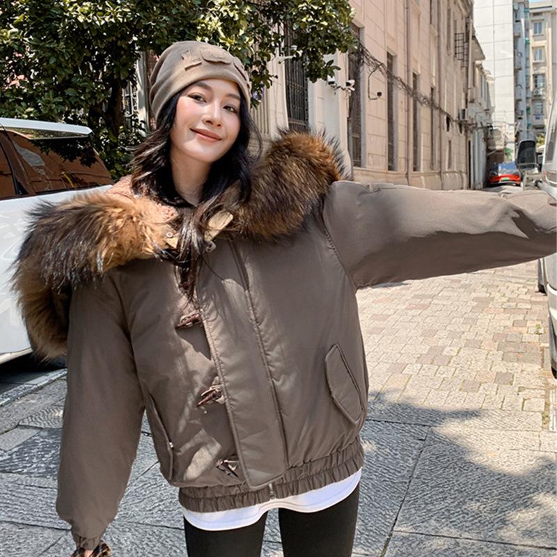 Winter big fur collar hooded down cotton-padded jacket women's new design sense thickened simple cotton-padded jacket