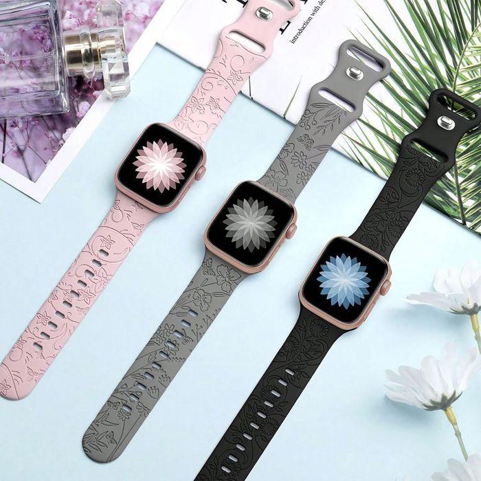 2x Bracelet pour Apple Watch 38mm-40mm-41mm Series 9 8 SE 7 6 5 4 3 2 1 / Serie 10 (42mm) Silicone Motif Papillon - Noir et Rose