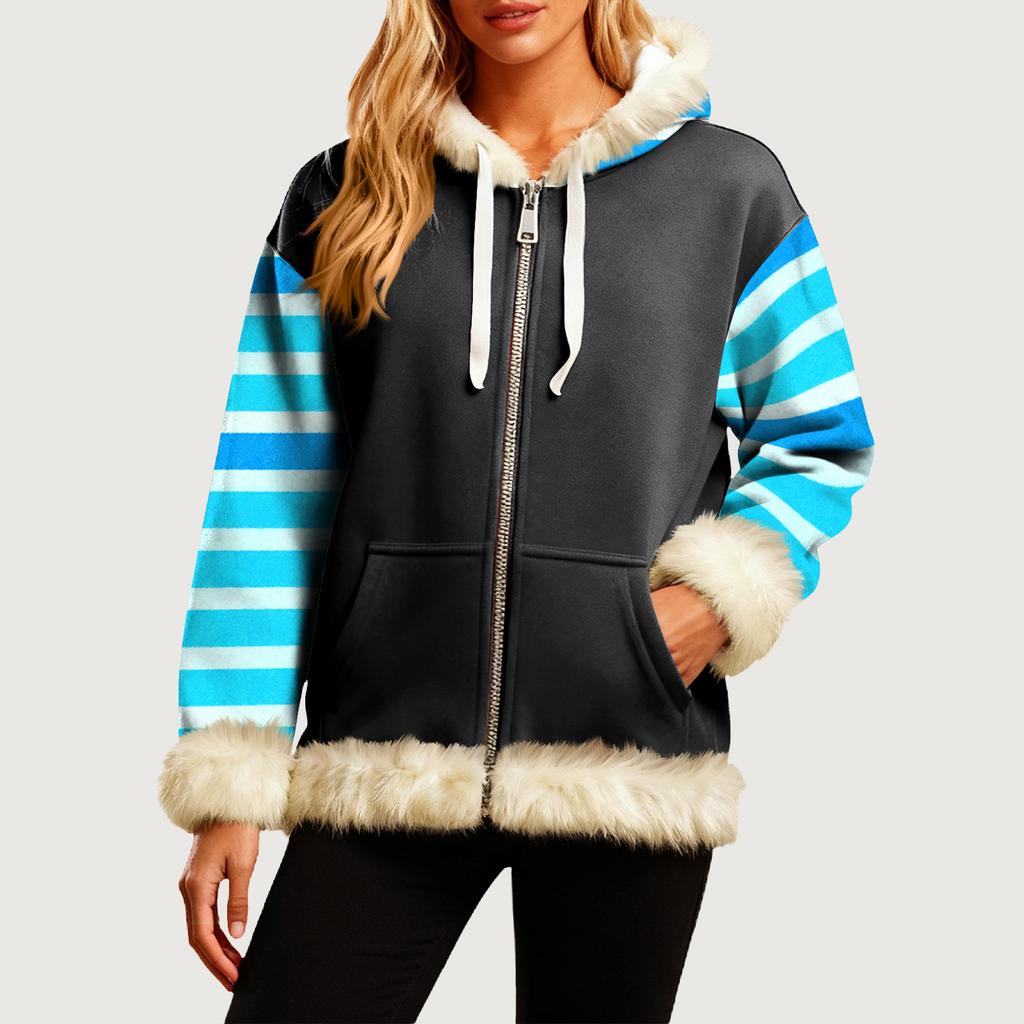 Женская Удобная Свободная Модная Повседневная Толстовка-Куртка с Длинным Рукавом, Карманами и Капюшоном с Полосатым Принтом