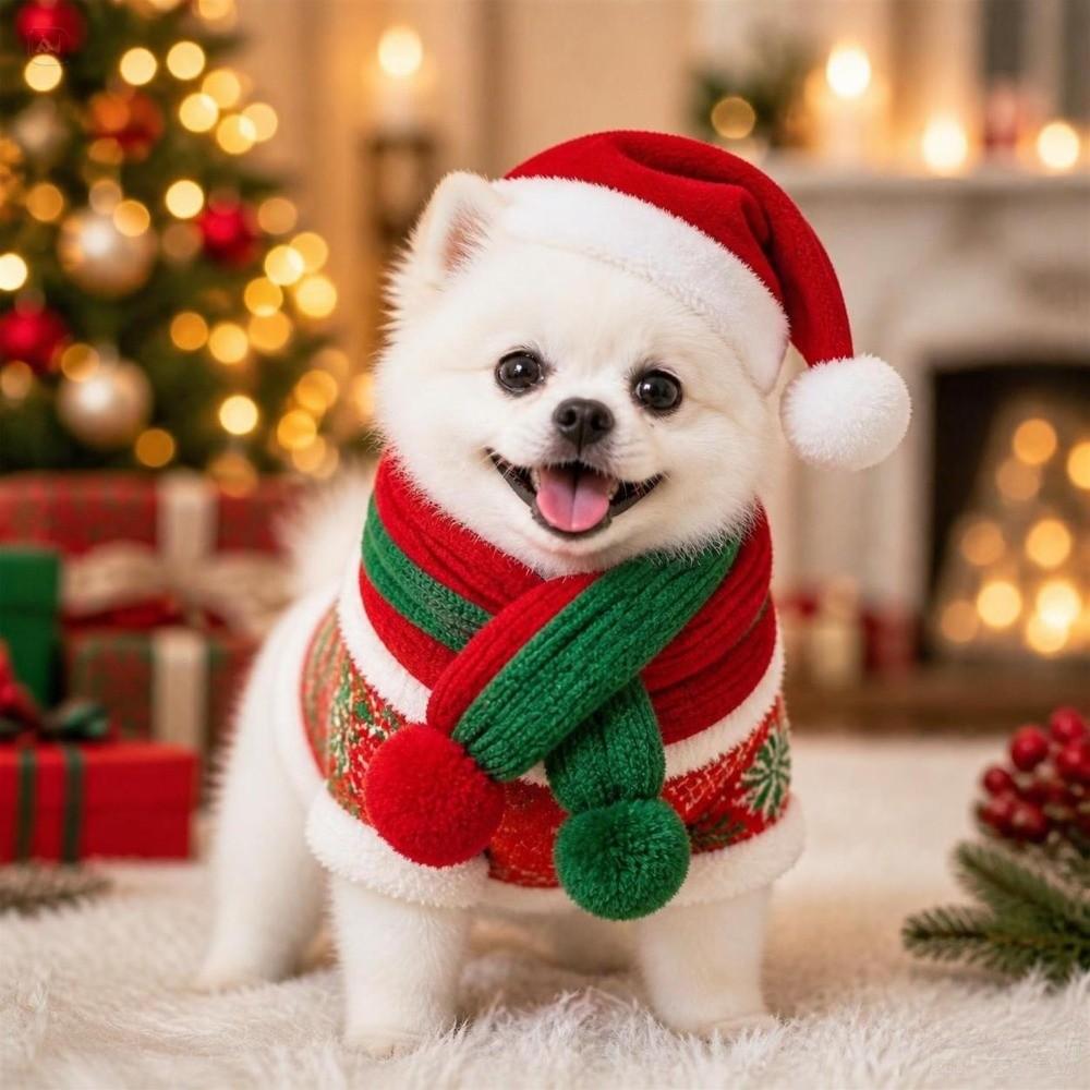 2Pcs/Set Warm Dog Scarf Collar Christmas Cat Scarf Hat Cozy Dog Bandana Scarf for Small Dogs