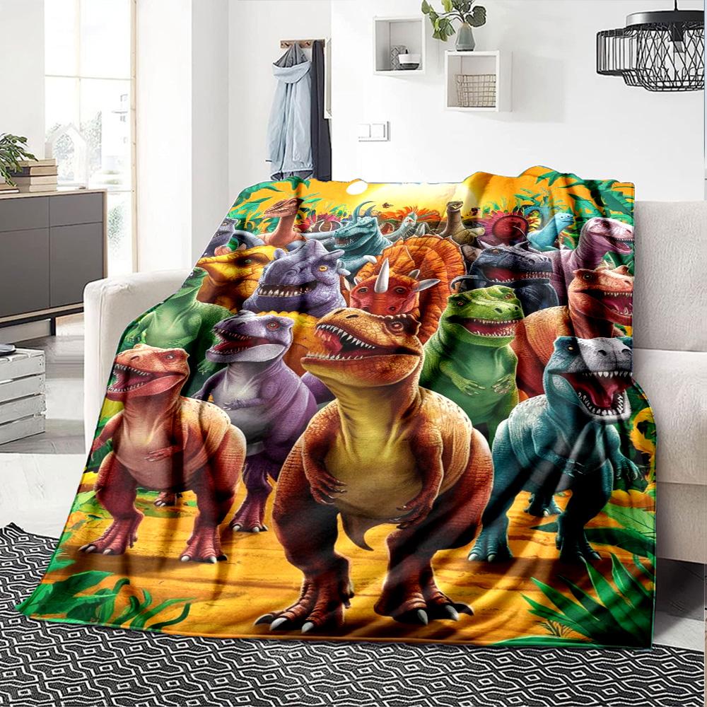 Colorful Jurassic Dinosaur Group Tropical Jungle Print Flannel Blanket Prehistoric Wildlife Throw Blanket Soft Cozy Home Sofa Bed Decor