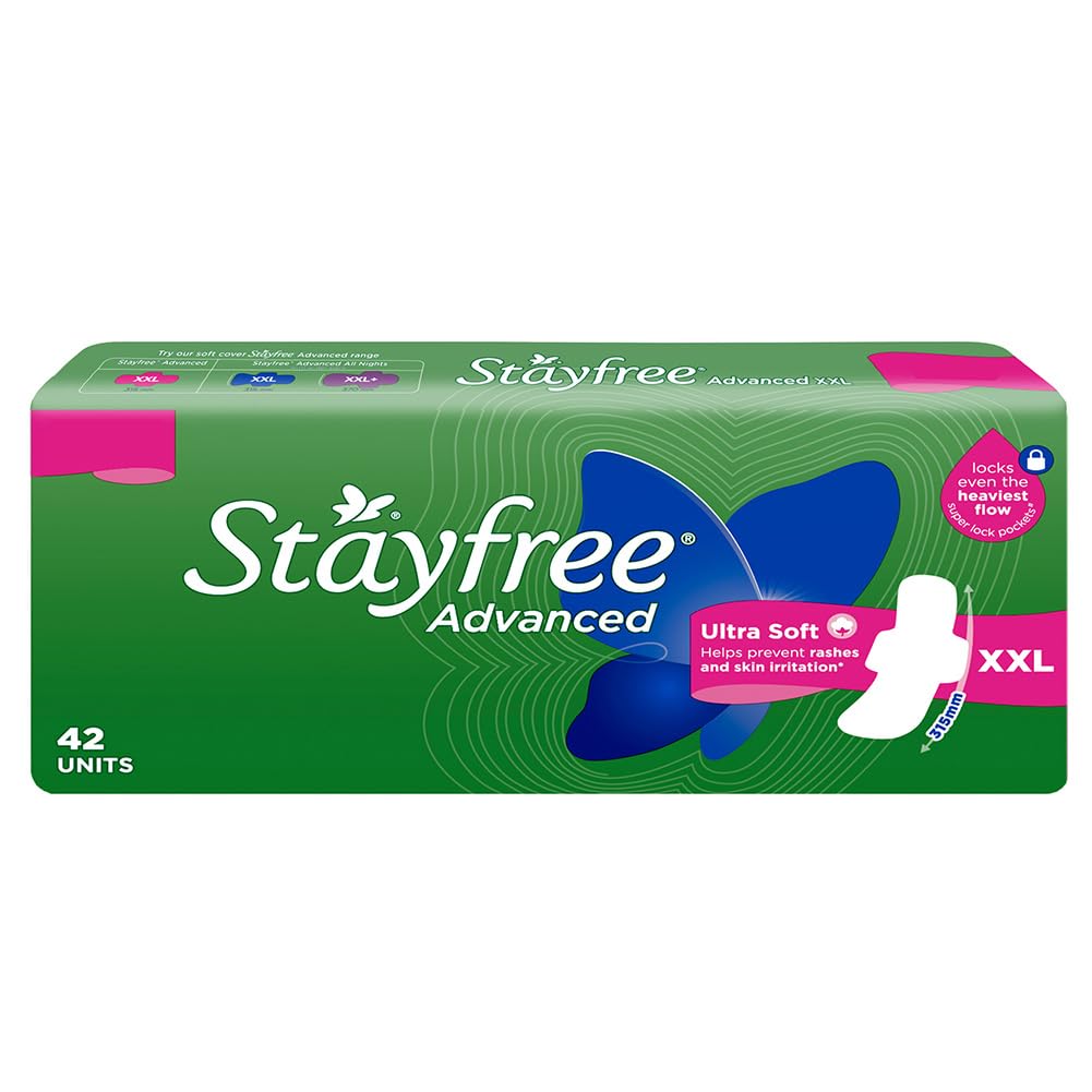 Stayfree Продвинутые гигиенические прокладки XXL Ультрамягкие для женщин | 42 Мягкие хлопковые прокладки для Ультракомфорта на весь день | Блокируют обильные выделения | Предотвращают раздражение