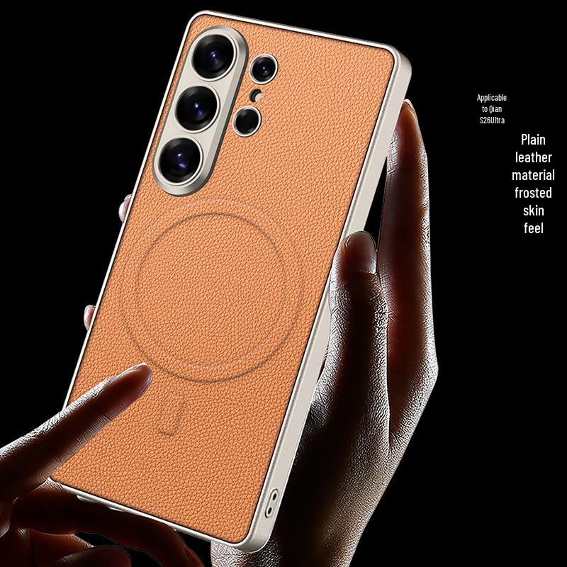 Кожаный чехол для телефона Samsung S26 Ultra: Премиальный дизайн с металлическим покрытием, совместимый с MagSafe