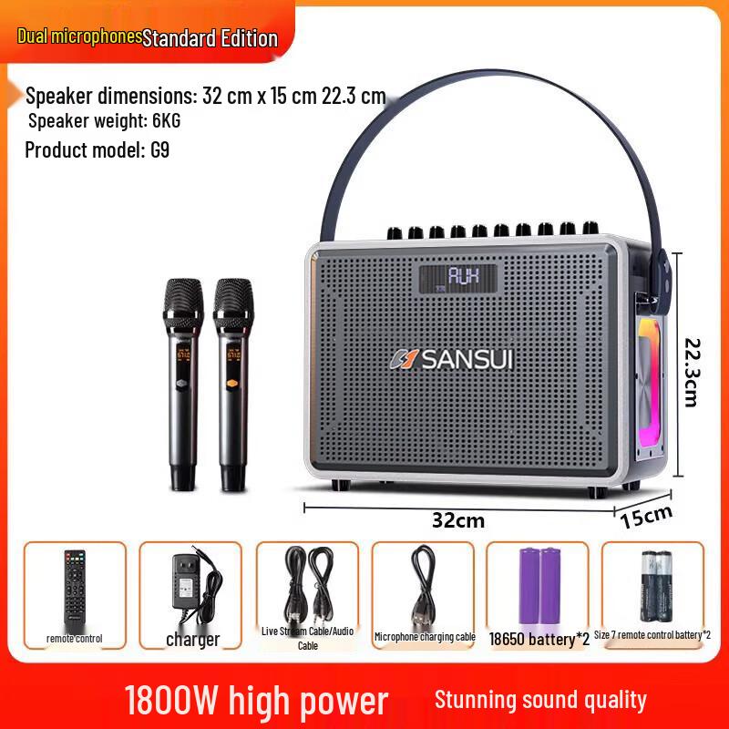 SANSUI G9 Portable KTV Speaker with Dual Mics & Atmosphere Light CN plug (adapter included) (CN version)