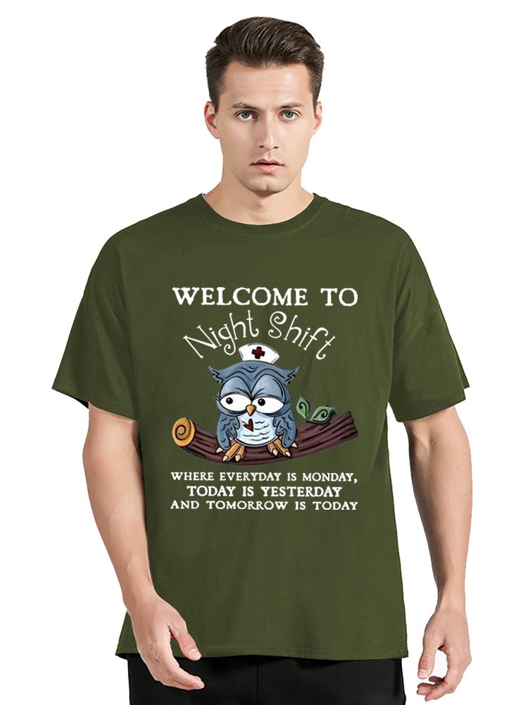 Owl Welcome To Night Shift Print Tshirts For Unisex Summer Lovely Tshirt Short Sleeve Casual Tshirts Ladies Novelty Tops Clothes