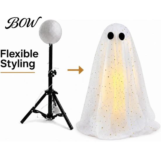 Glittery Halloween Ghost Decor Decoration with Broom, Spooky Sequins Mesh White Ghost, Cute Reusable Figure Adjustable Standing for Party, Home,