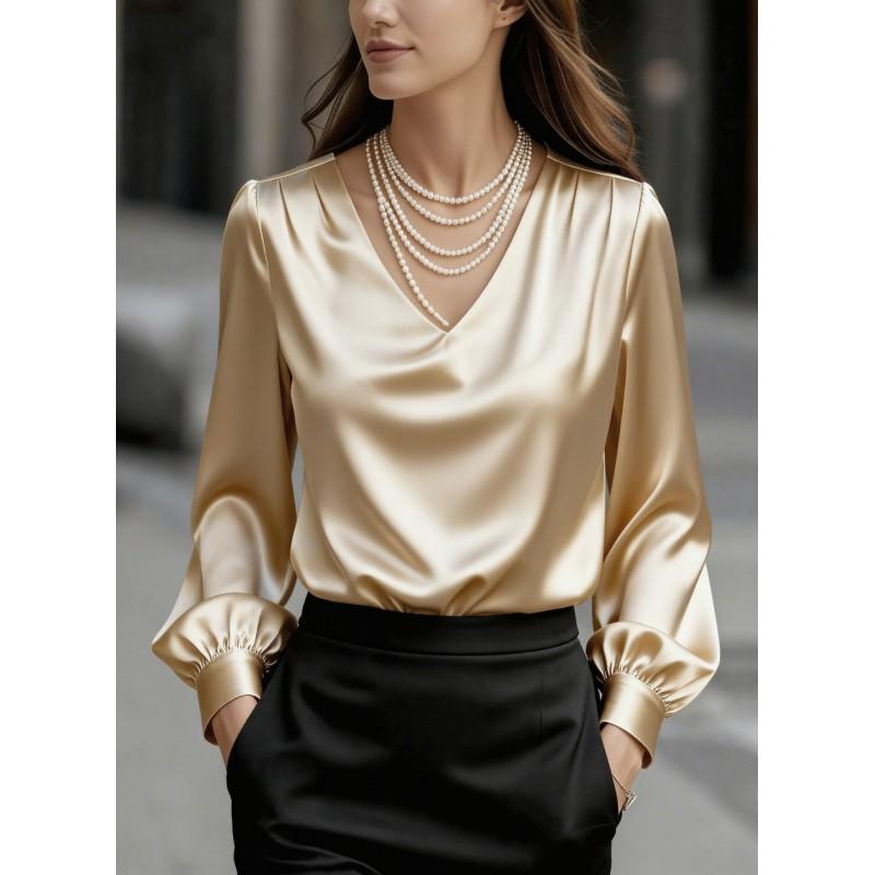 Elegant V-Neck Satin Long Sleeve Blouse With Puffed Sleeves Women Classic Office Chic Top