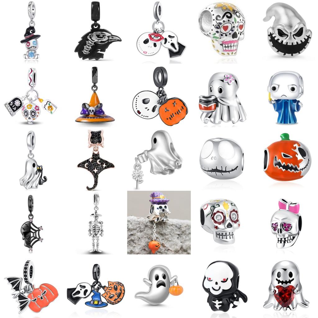 New 925 Silver Ghost Soul Pumpkin Skeleton Bat Pendant Bead Charm Fit Bracelet DIY Jewelry Halloween Gift