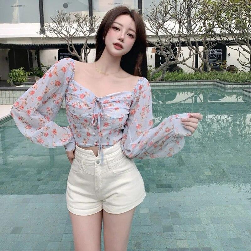 Женская шифоновая рубашка с открытыми плечами и бретельками, топ с цветами, милая футболка