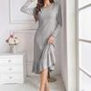 Women's Ribbed Knit Round Neck Long Sleeve Ruffled Hem Midi Dress Solid Color Casual Dress