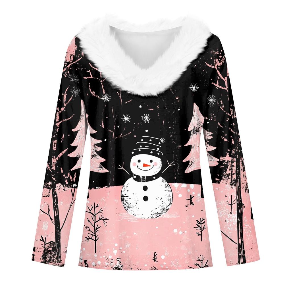 Женская футболка с длинным рукавом, рождественская вечеринка, плюшевый воротник, топ с V-образным вырезом