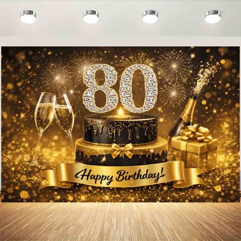 Black Gold Glitter 80th Birthday Photography Backdrop Cake Champagne Gift Box 80 Years Old Party Photo Banner
