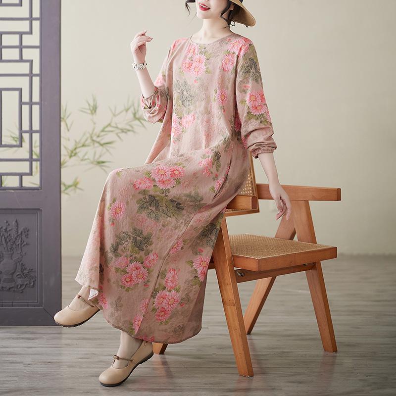 Весеннее литературное платье больших размеров с принтом, круглым вырезом, длинными рукавами, повседневное платье для женщин, вечерние платья