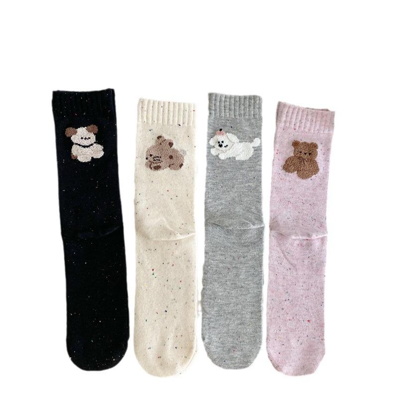 Cartoon Animal AB Letter Flocked Socks, Women's Dot Yarn Pile Socks, Pure Cotton Mid-calf Socks