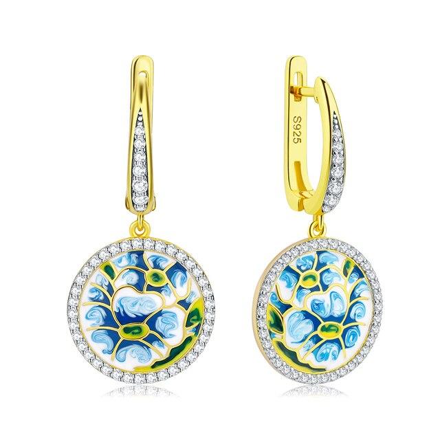 OGULEE модные серьги-подвески из стерлингового серебра 925 пробы, синие, сделай сам, эмаль, зеленые, счастливые цветы, спиральные висячие серьги для женщин, ювелирные изделия для свадебной вечеринки