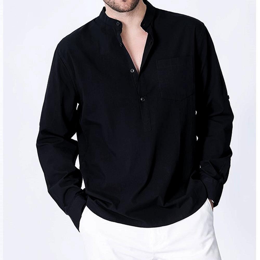 Men's Long-sleeved Vacation Shirt, Casual Life with Pocket Solid Color Cotton Long-sleeved Button Henry Shirt