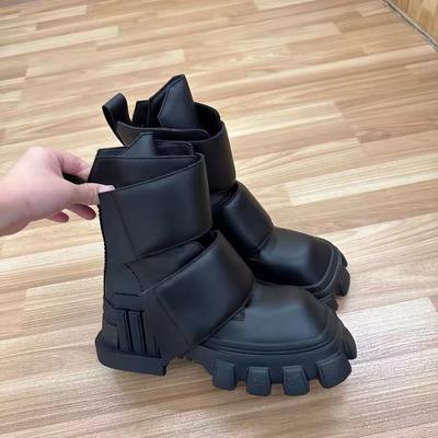 Модные НОВЫЕ Женские Мотоциклетные Ботинки на Массивной Платформе Роскошные С Квадратным Носком До Середины Икры На Шнуровке Бандаж Зимние Ботинки Повседневные Черные Ботильоны