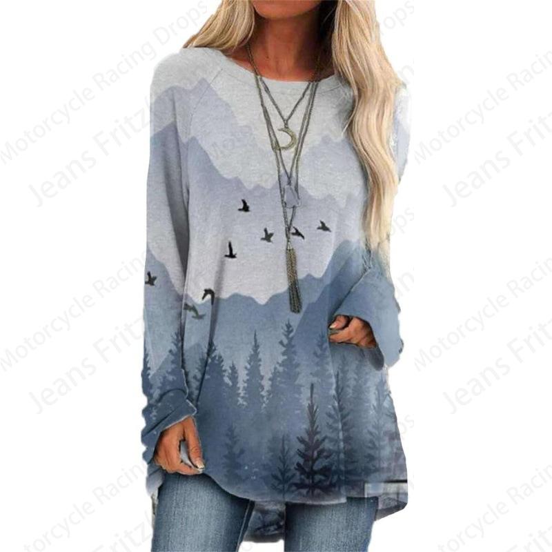Футболки с принтом в виде природных пейзажей 3D, женская мода, футболка с длинным рукавом, туника с крестообразным узором, длинная винтажная футболка, градиентная одежда для женщин