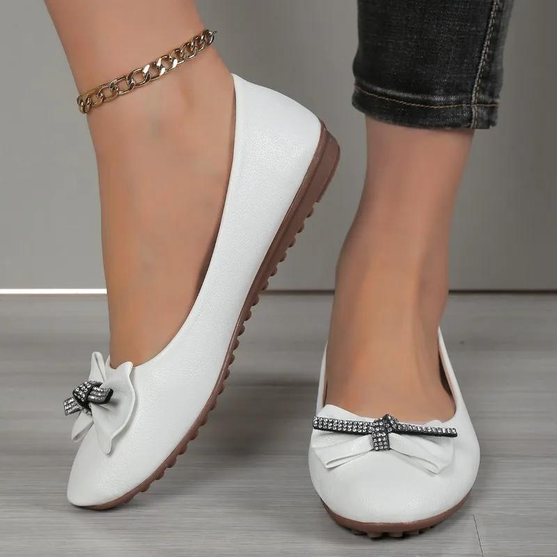 2024 Новый стиль с круглым носком и неглубоким вырезом, с бантом на весну и осень, украшенный стразами, универсальная однотонная верхняя одежда