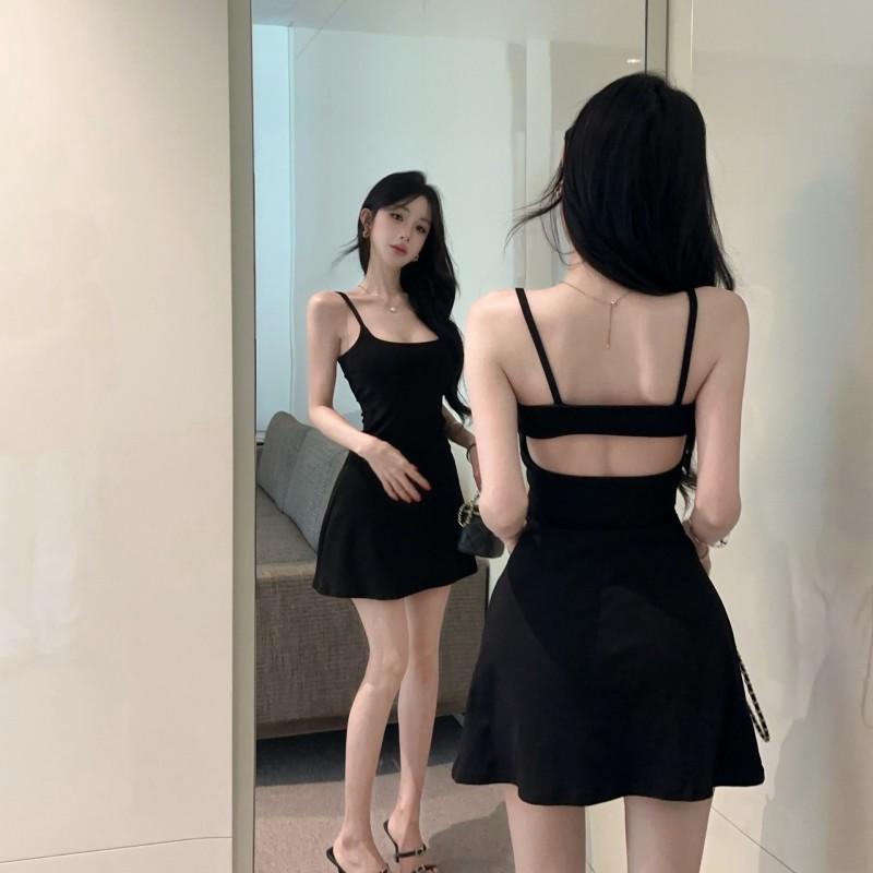 Black Sexy Low-Cut Wrap Waist A-Line Backless Spaghetti Strap Mini Dress Women Stylish Slim Fit