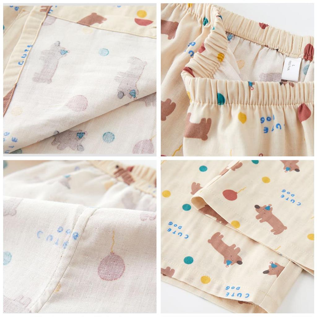 Euyqs Double Gauze Long Sleeve Crew Neck Merrow Frill Pajamas Dog Women's (JP, Alphabet, 2XL, Beige)