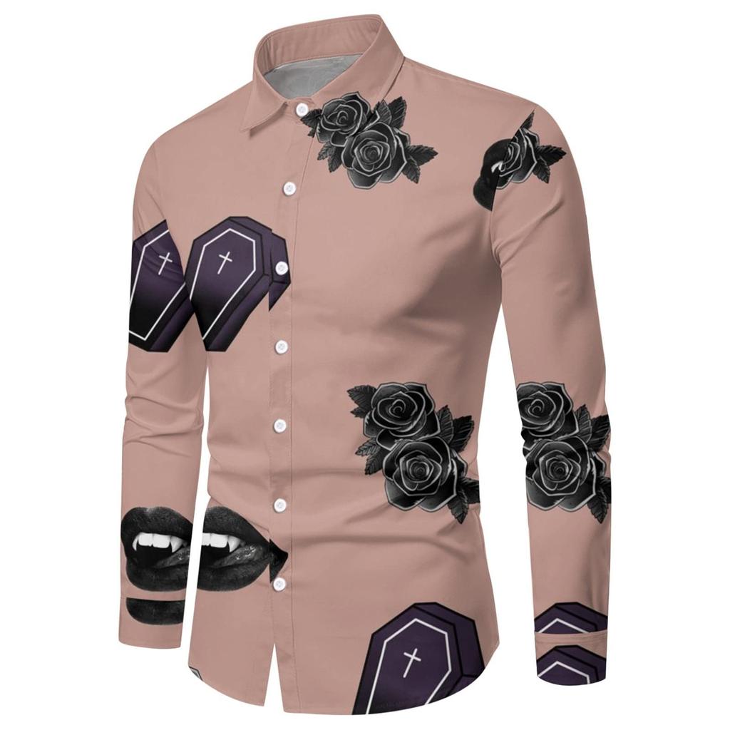 Мужская рубашка на Хэллоуин с тыквой, приталенная рубашка на пуговицах с длинным рукавом, забавная гавайская пляжная рубашка, тематическая одежда для вечеринок