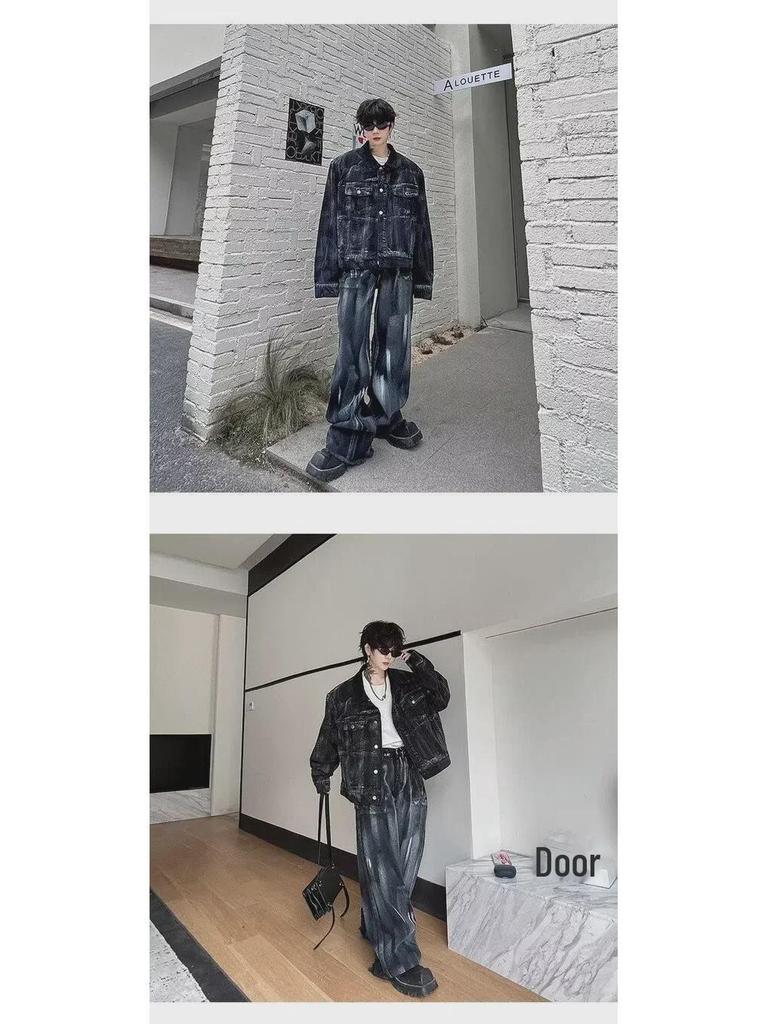 Men's Retro Washed Denim Ink Suit - Trendy Two-Piece Jacket & Trousers Set