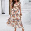 Yousheng Women's Boho Summer Maxi Dress Deep V-Neck Ruffled Short Sleeve Chiffon Beach Sundress Casual Floral Print Long Dresses