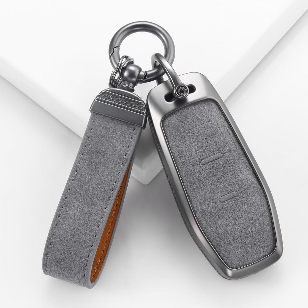 YO&YOYE Compatible With Ford Key Fob Cover With Keychain Leather Key Case Protector (Model3, Grey)