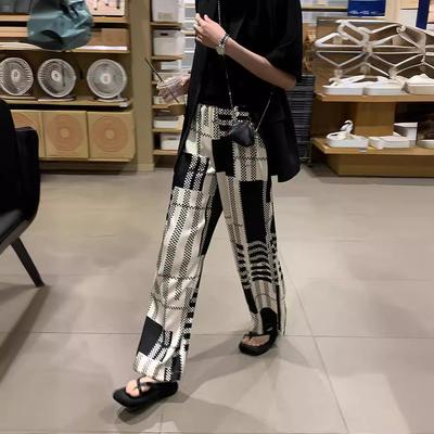 Широкие брюки с геометрическим принтом из атласа для женщин, летние, тонкие, с высокой талией, свободные, узкие брюки, повседневные брюки из шифона