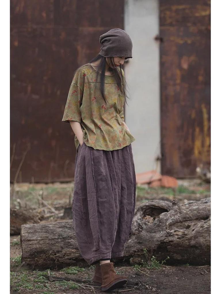 Женская футболка с коротким рукавом из хлопка и льна с пескоструйной обработкой в винтажном стиле