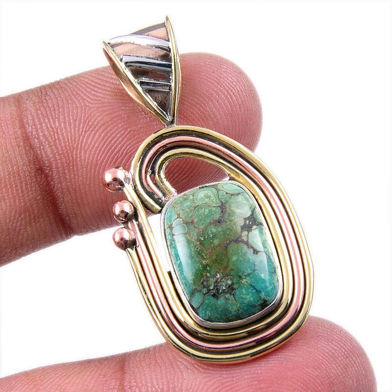 Natural Tibetan Turquoise Gemstone 925 Solid Silver Two Tone Pendant 1.50" s6E42