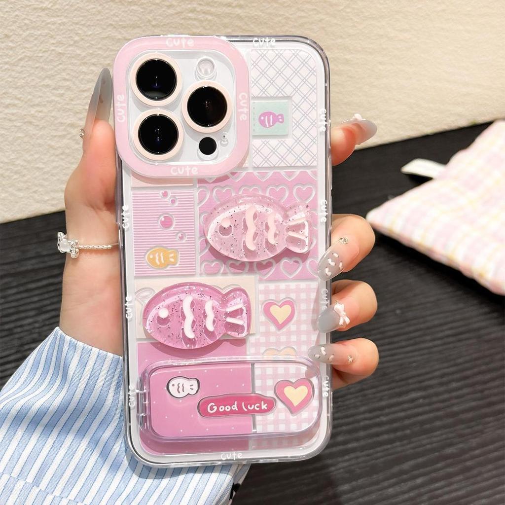 Fresh Three dimensional Cute Little Fish Suitable for Apple 16promax Protective Case Mirror Bracket Iphone15 Mobile Phone Case