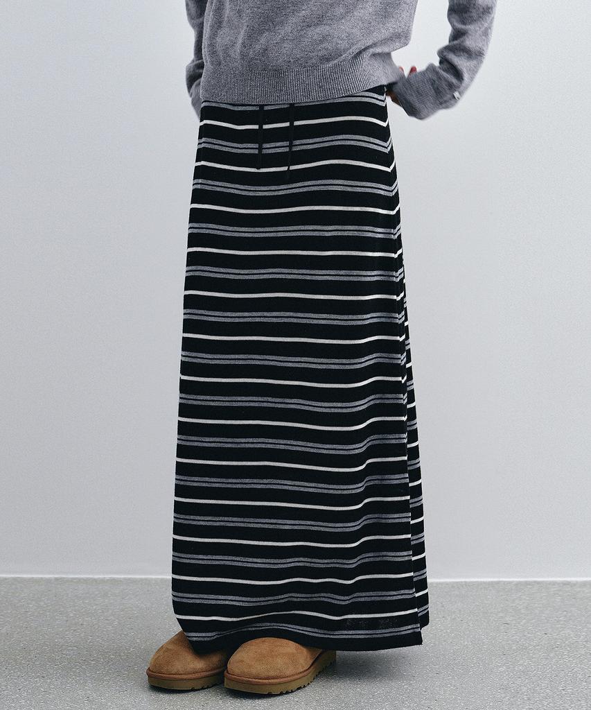 Roeil Striped Wool Knit Long Skirt - Black