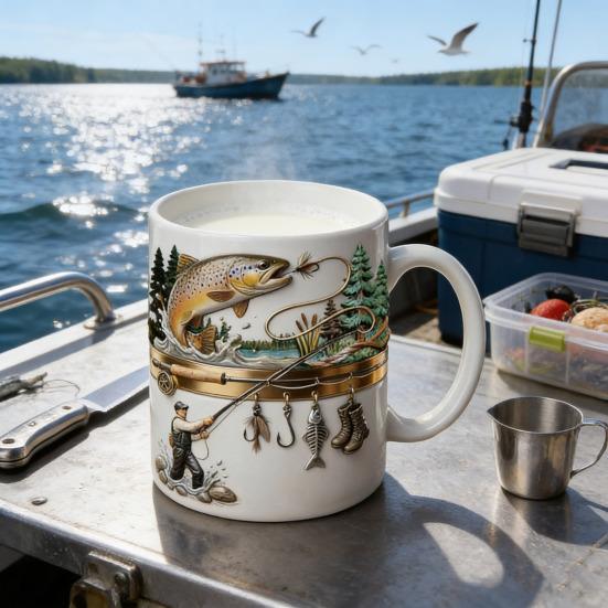 Керамическая кружка "Подсел на рыбалку" 2D Плоская печать Чашка для чая и кофе Забавные подарки для мужчин Папы Мужа Любителей рыбалки и парусного спорта