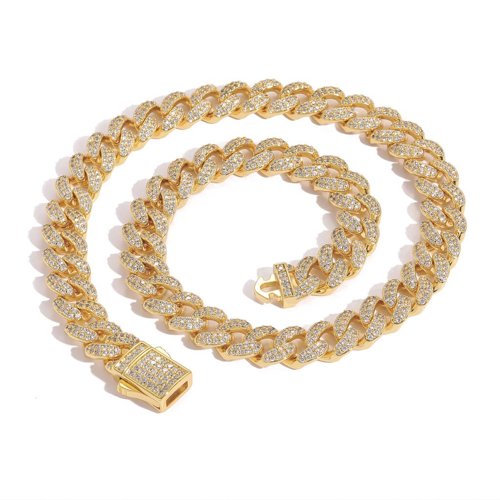JUXIN Модные Хип-Хоп Украшения Позолоченная 14K Золотом Майами Кубинская Цепь Пружинный Замок 12 мм Блестящая Цирконий Iced Out Кубинская Ссылка