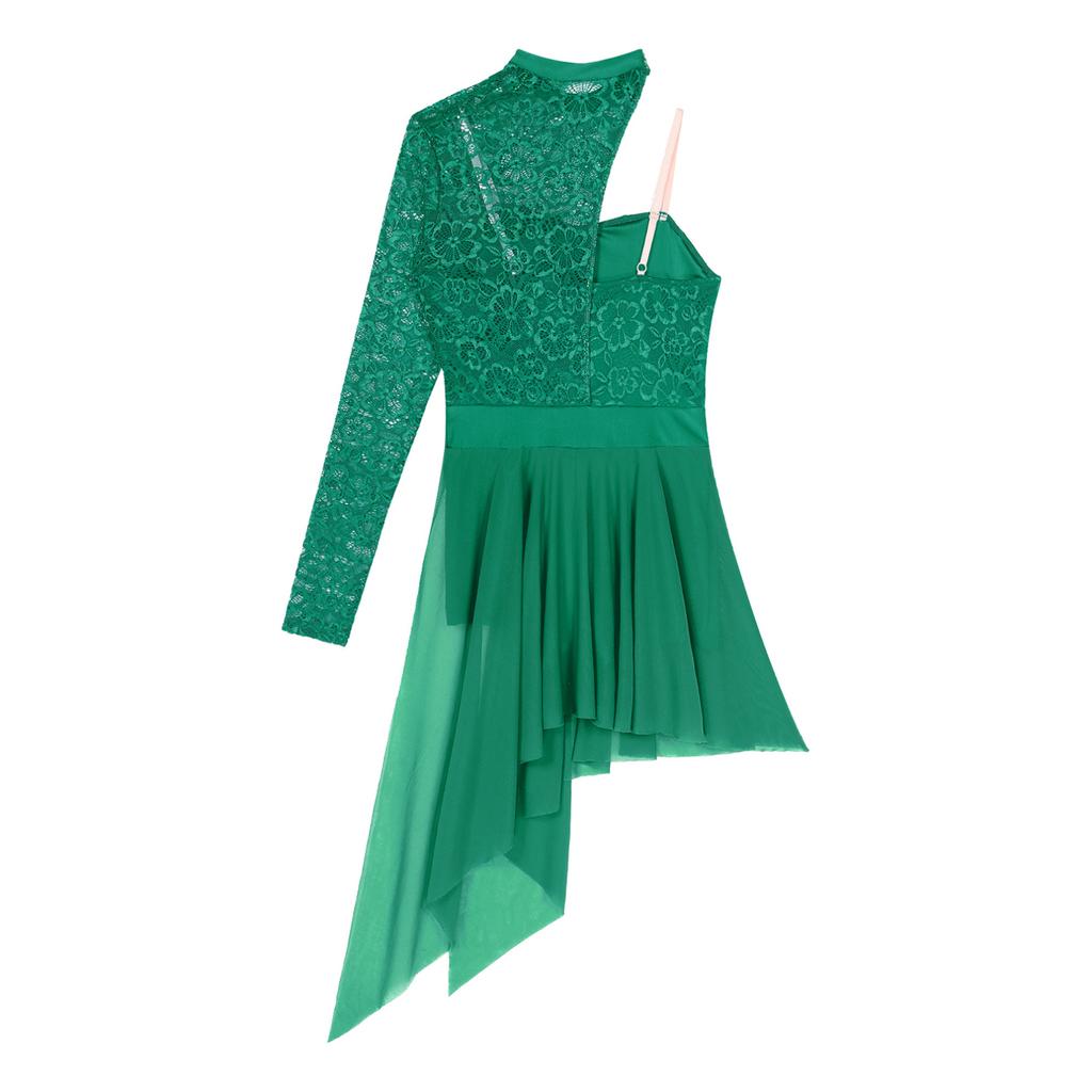 Женское асимметричное платье для лирического танца на одно плечо с кружевными длинными рукавами