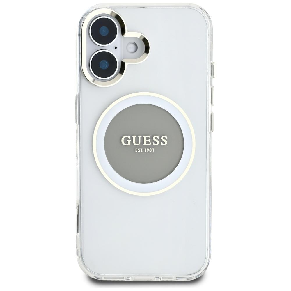 Guess IML Metal Colored Circle Classic Logo MagSafe case for iPhone 16 gray