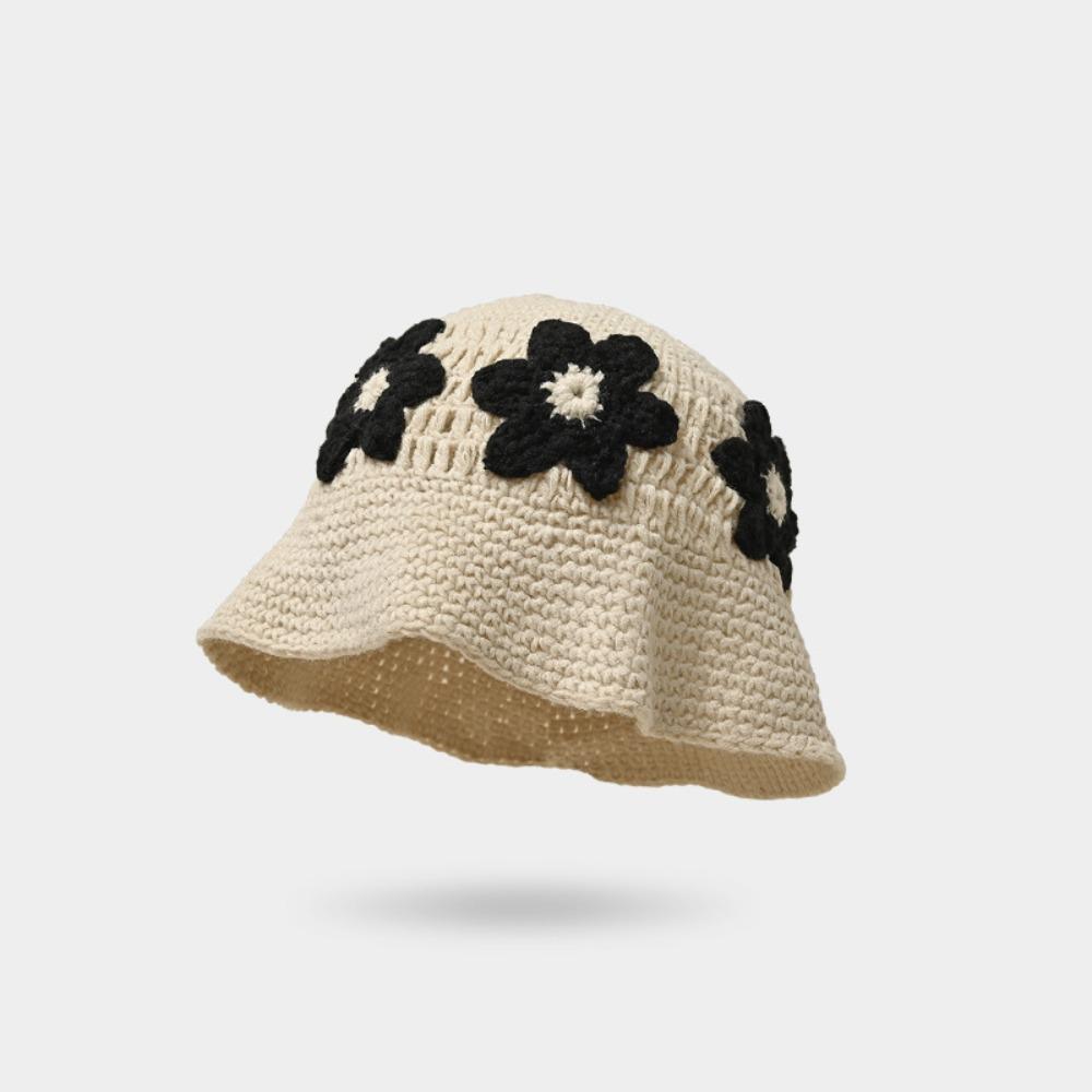 Korean Style Crochet Flower Knitted Hat Sweet Bucket Hat Cute Beanies Hat  Girls