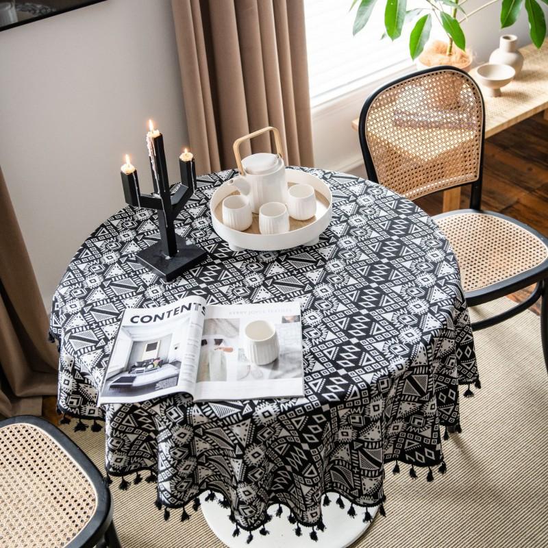 Black Geometric Cotton Tablecloth Cafe Bar Dining Table Decor Thick Double-Sided Rectangular Cover