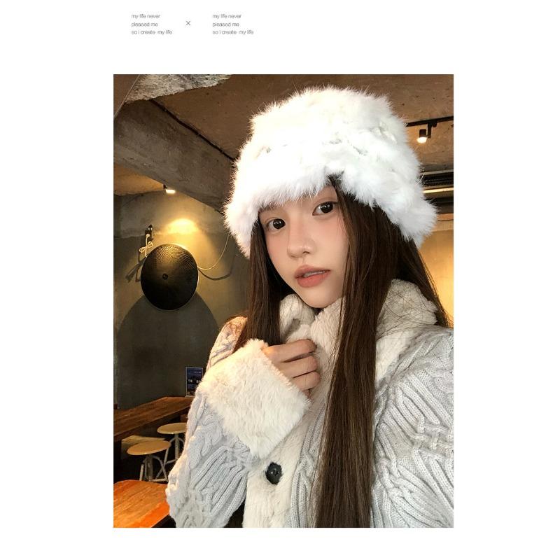Women Winter Thick Warm Knit Fisherman Hat White Rabbit Fur Small Face Cap