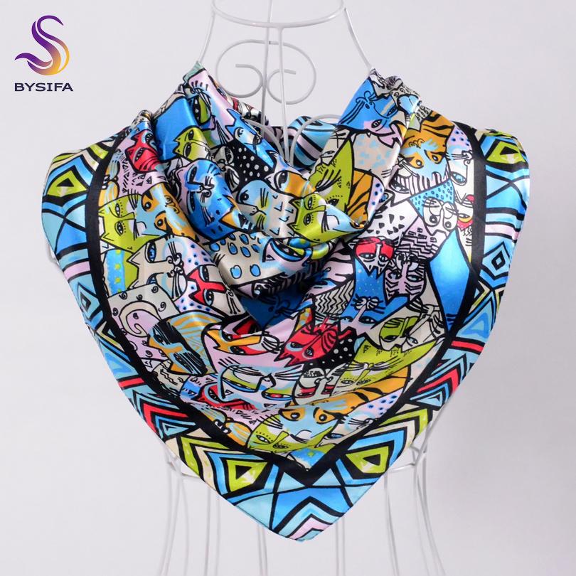 [BYSIFA] Navy Blue Chinese Roses Large Square Scarves New Female Elegant Large Silk Scarf Fashion Ladies Accessories 90*90cm