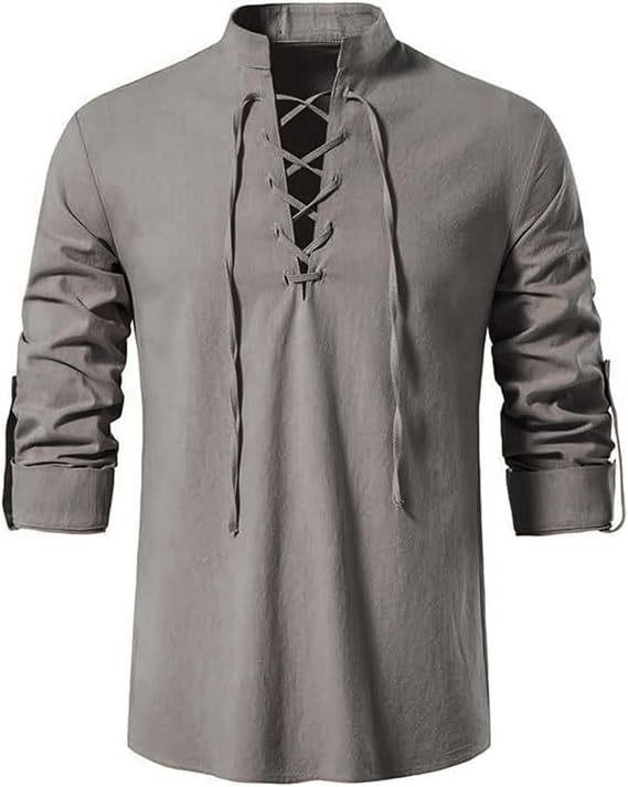 2026 Мужская хлопковая рубашка-henley в стиле хиппи, повседневная, для пляжа, с длинным рукавом, стойкой воротником A275