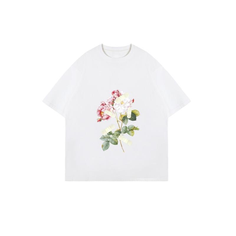 Футболка оверсайз черная с цветочным принтом с белыми и розовыми розами и зелеными листьями, повседневная одежда для женщин, летний наряд, модный уличный стиль