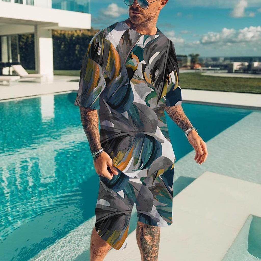 Гавайский мужской комплект, повседневная футболка, пляжные брюки, костюм, повседневный стильный мужской топ с коротким рукавом, для отдыха на природе, мужские футболки, короткий комплект из двух предметов