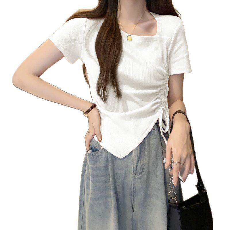 Футболка с короткими рукавами и неровной завязкой, женская летняя, большого размера, Fat Mm Thin Covering Meat Chic Sweet and Spicy, короткий топ с квадратным воротником